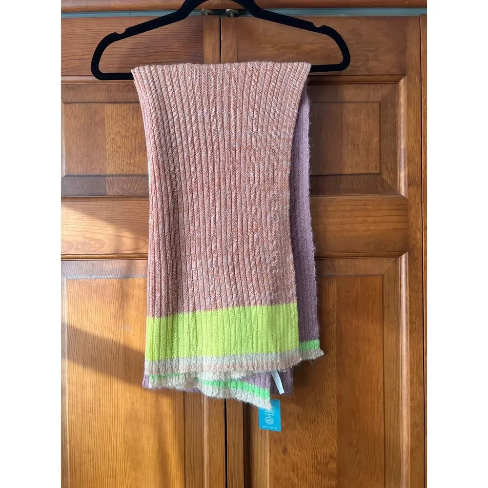 NWT By Anthropologie Colorblock Stripe Wool Blend Scarf Pink Winter Wrap
